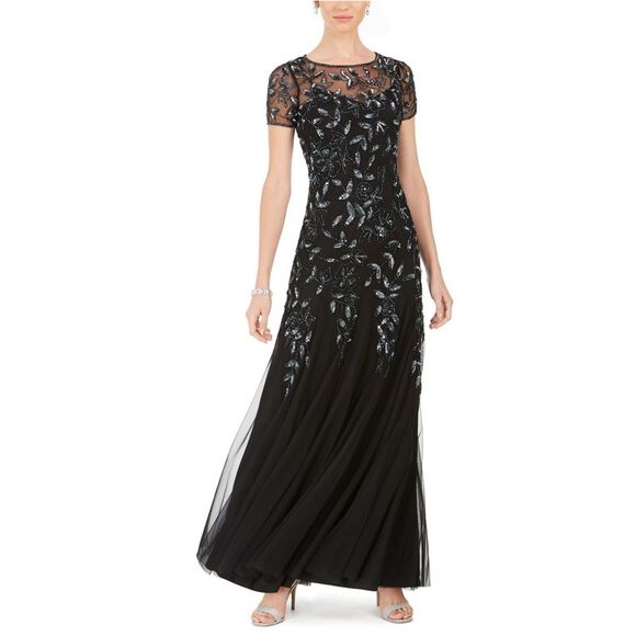Adrianna Papell Womens Floral-Beaded Gown Dress Black NWT